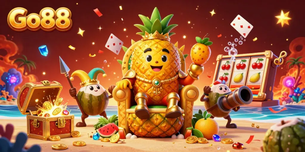 Experience the vibrant Go88 casino world with the golden pineapple king overlooking joyful games and treasures.