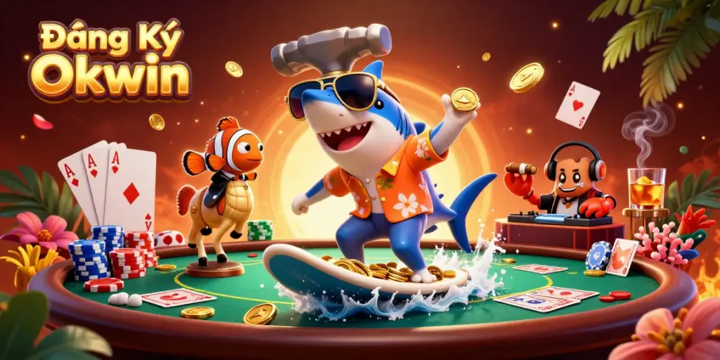 Engage in the exhilarating world of Đăng Ký Okwin, featuring vibrant characters amidst a lively casino scene.