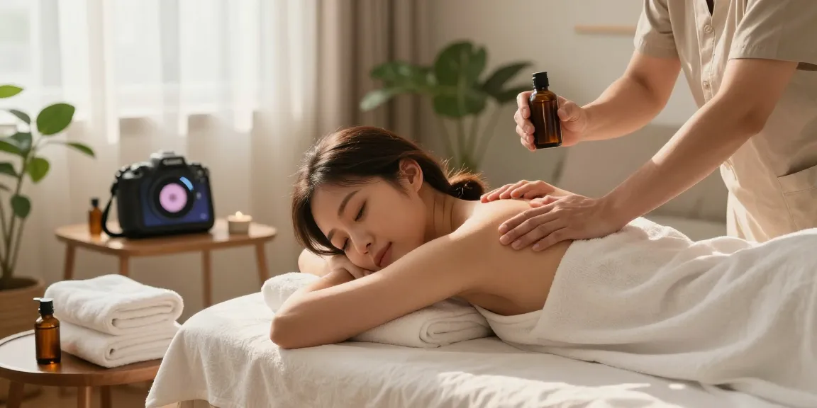 A young woman receiving 안양출장마사지 at home, showcasing a serene atmosphere with calming oils and soft lighting.