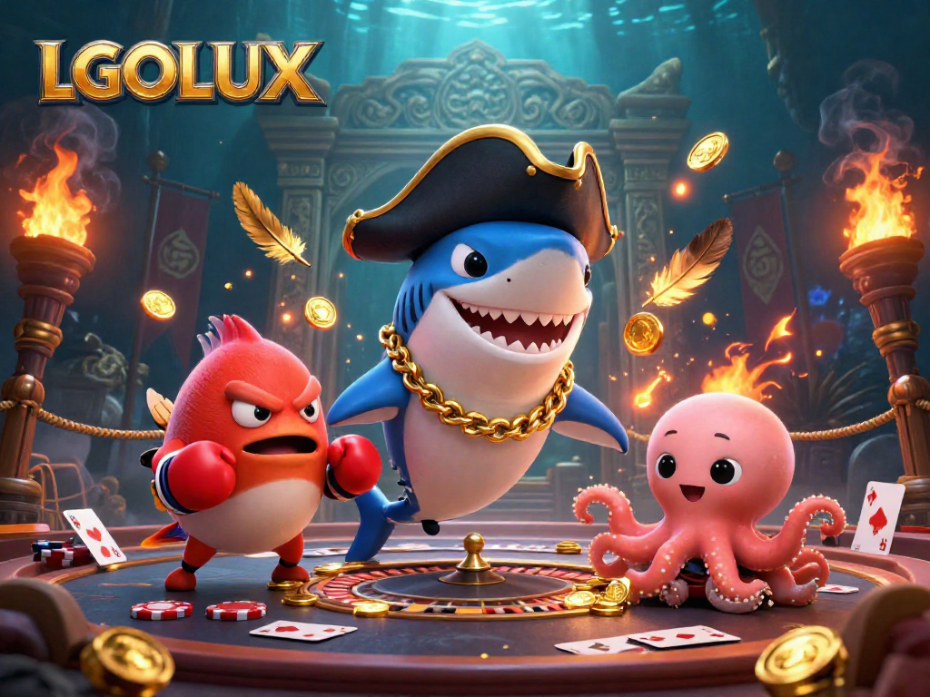 Engage with LGOLUX's vibrant casino world featuring an adventurous shark and playful friends.