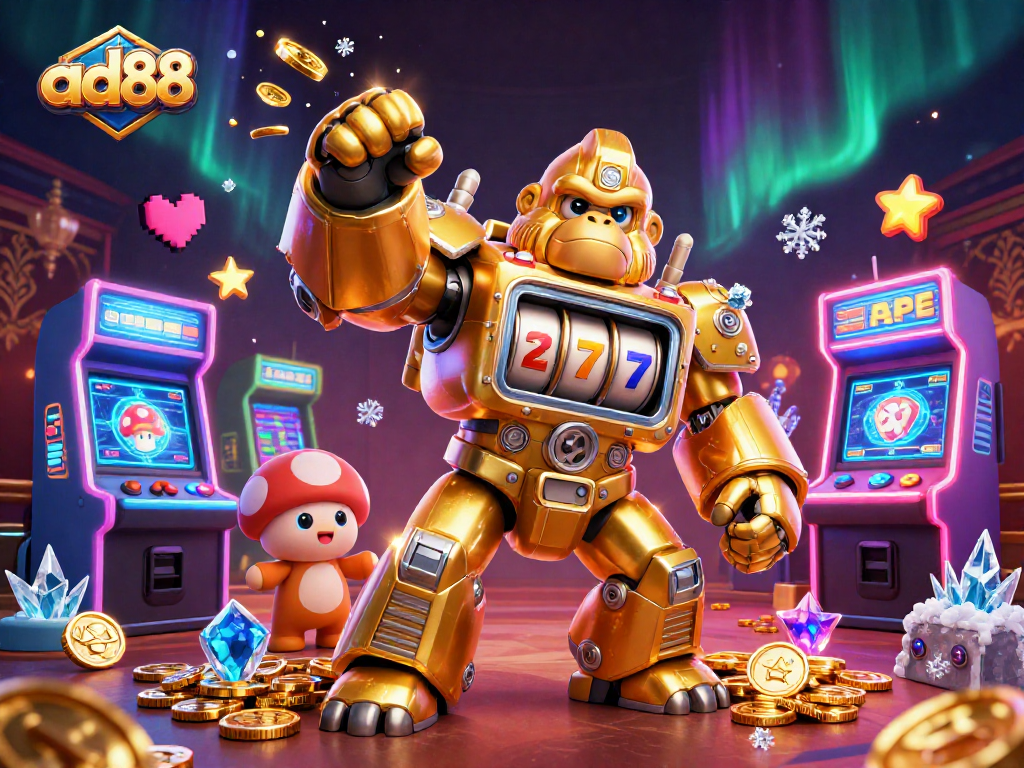 Spin the reels with ad88's dynamic casino gaming scene featuring colorful arcade elements.