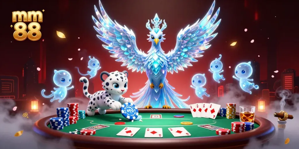 Experience the thrilling allure of mm 88 with an enchanted scene featuring a phoenix, snow leopard, and poker elements.