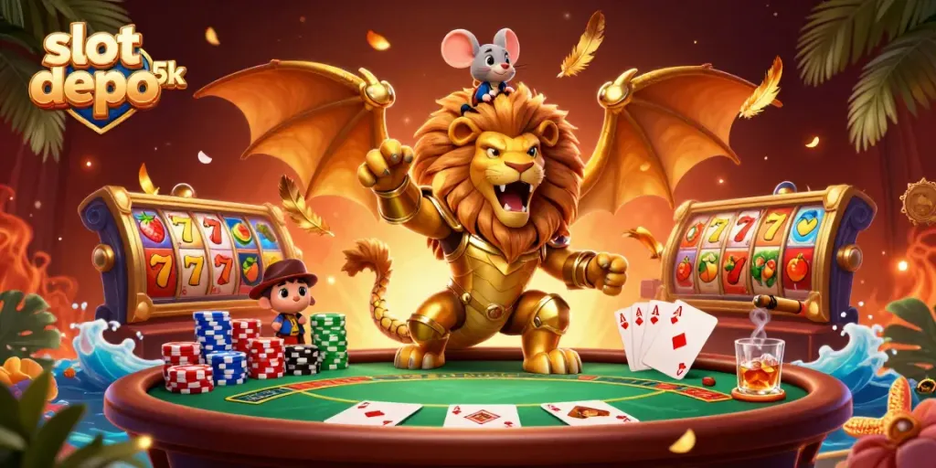 Experience the thrill of slot depo 5k with a golden chimera and vibrant slot reels!