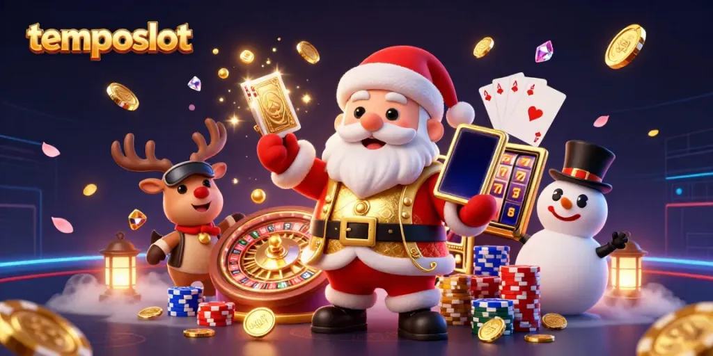 Slot jackpot dalam dunia kasino online TEMPOSLOT dengan tokoh ceria dan elemen gemerlap.