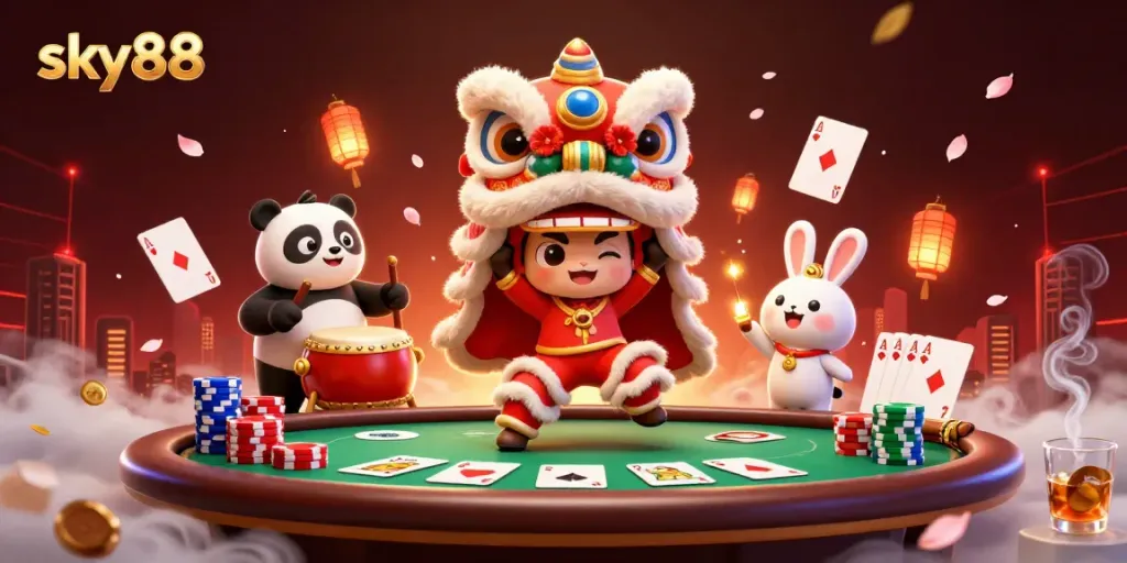 Experience sky88's exciting casino atmosphere with vibrant characters and rich game elements.