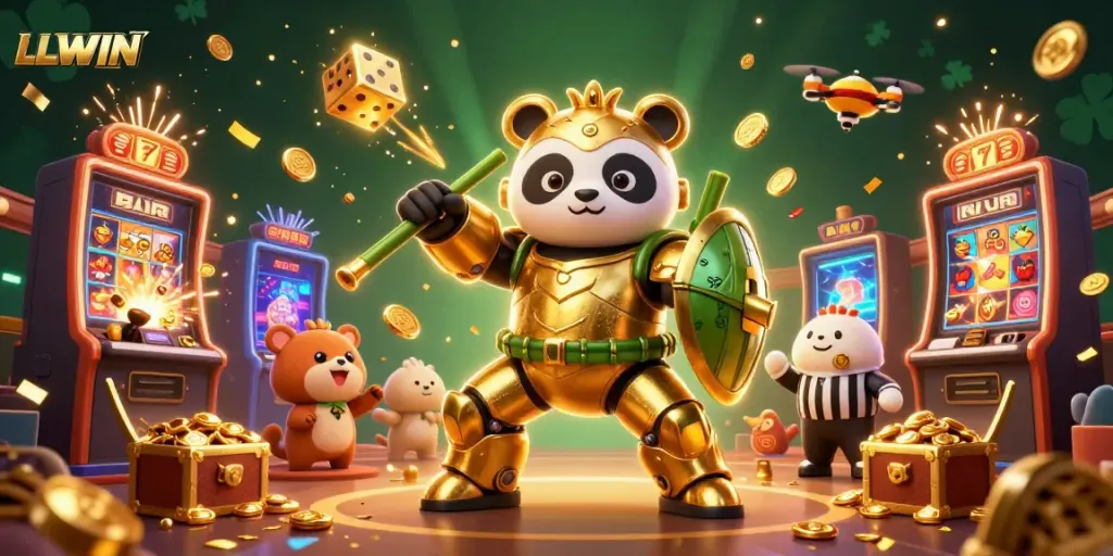 Experience thrilling gameplay at LLWIN with a vivid scene of a golden panda in a mech suit surrounded by casino excitement.