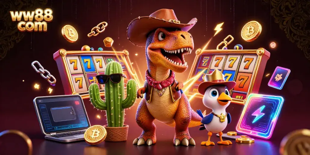 Join the thrilling world of ww88 com with lively cartoon characters and vibrant casino elements.