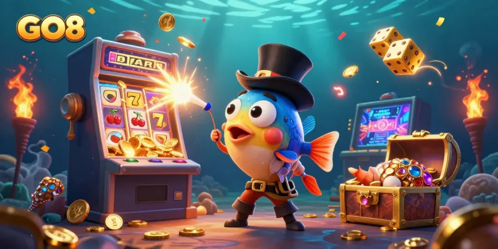 Experience the thrill of the GO8 casino with vibrant characters and dynamic casino elements.
