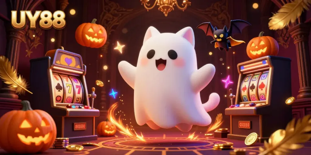 Experience the thrilling world of UY88 with a friendly ghost cat and gaming elements in a vibrant casino.