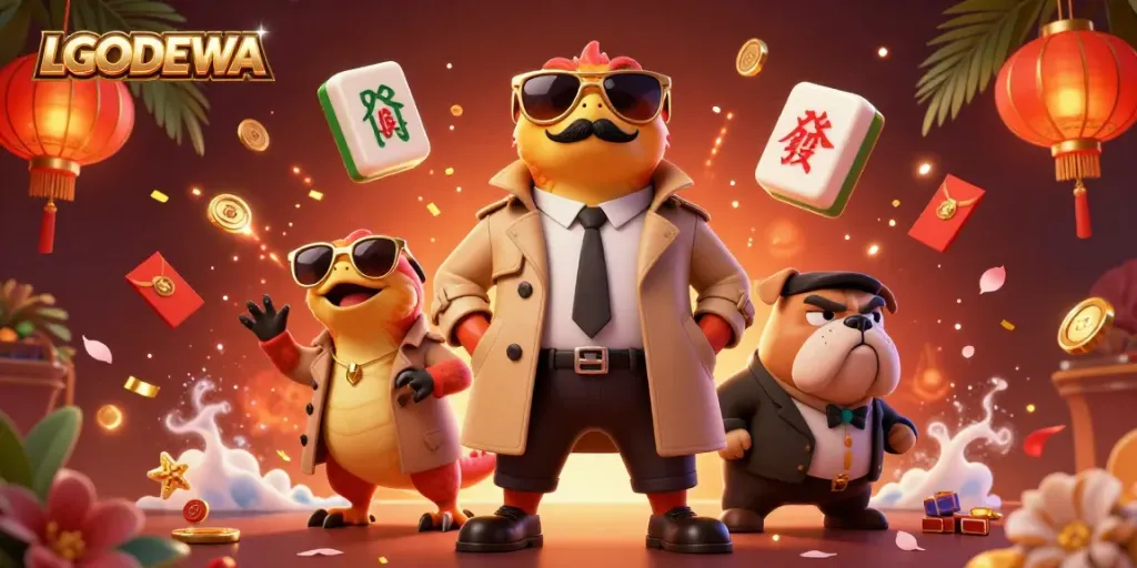Experience LGODEWA's lively casino scene as raptors in disguise charm a bouncer for entry, surrounded by festive elements.