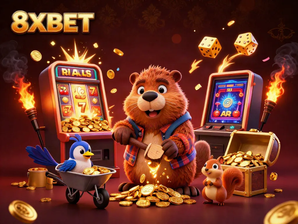 Experience casino excitement with 8XBET in a vibrant 3D scene featuring a beaver collecting golden coins.