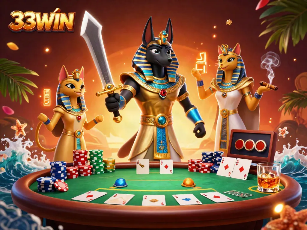 Experience the thrill of strategic poker with 33WIN, where Anubis and Bastet guide your winning hand in an energetic casino scene.