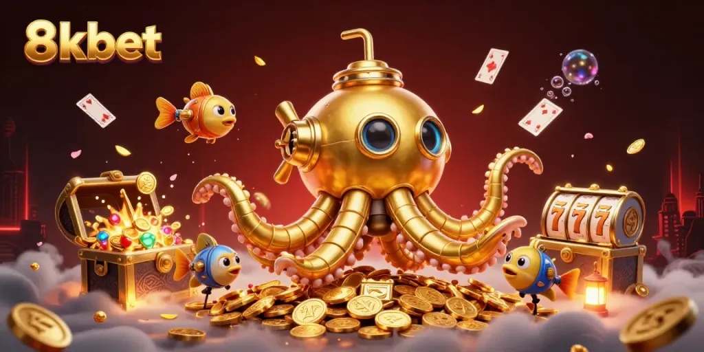 Join the 8xbet adventure with a golden kraken submarine among dazzling coins and vibrant slots!