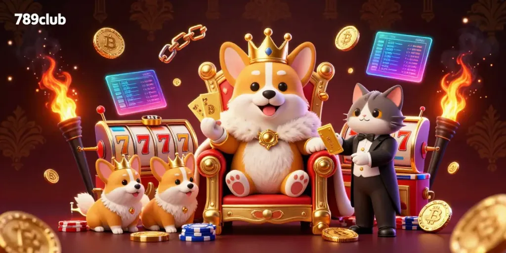 Experience the excitement of 789club with a royal corgi surrounded by vibrant slots, Bitcoin coins, and glowing elements.