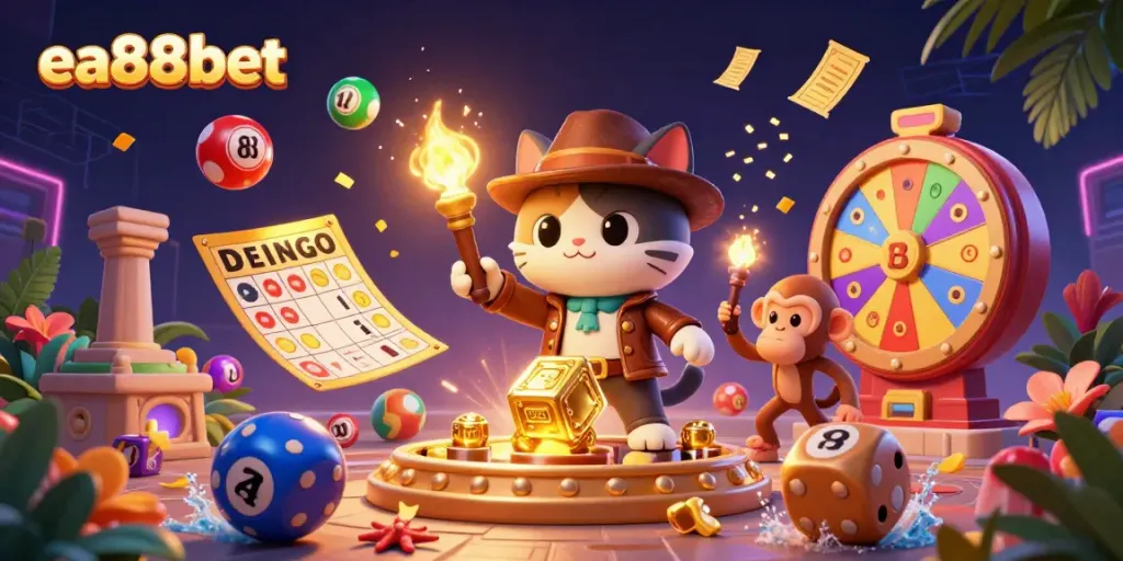 Experience thrilling gameplay with ea88bet as a cat explorer unveils casino treasures in a vibrant 3D scene.