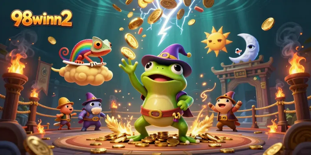 Join the action at 98winn2 and win big amidst golden coins and vibrant casino elements!