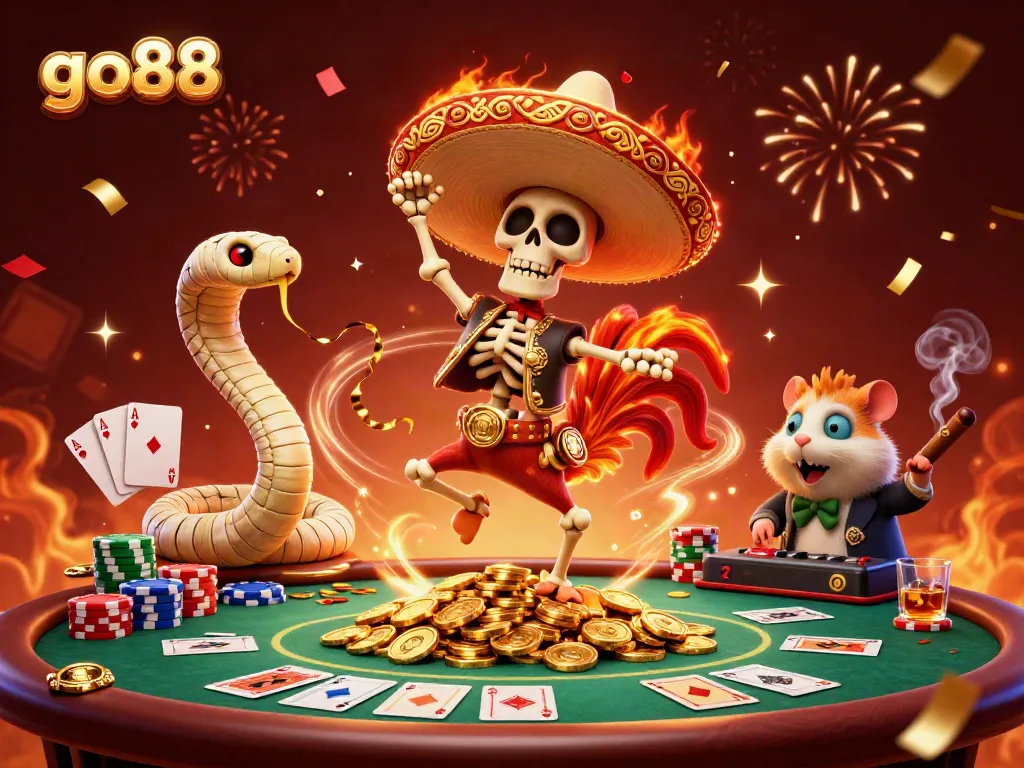 Experience go88's exciting gaming with a colorful scene of casino characters celebrating wins amidst dazzling decorations.
