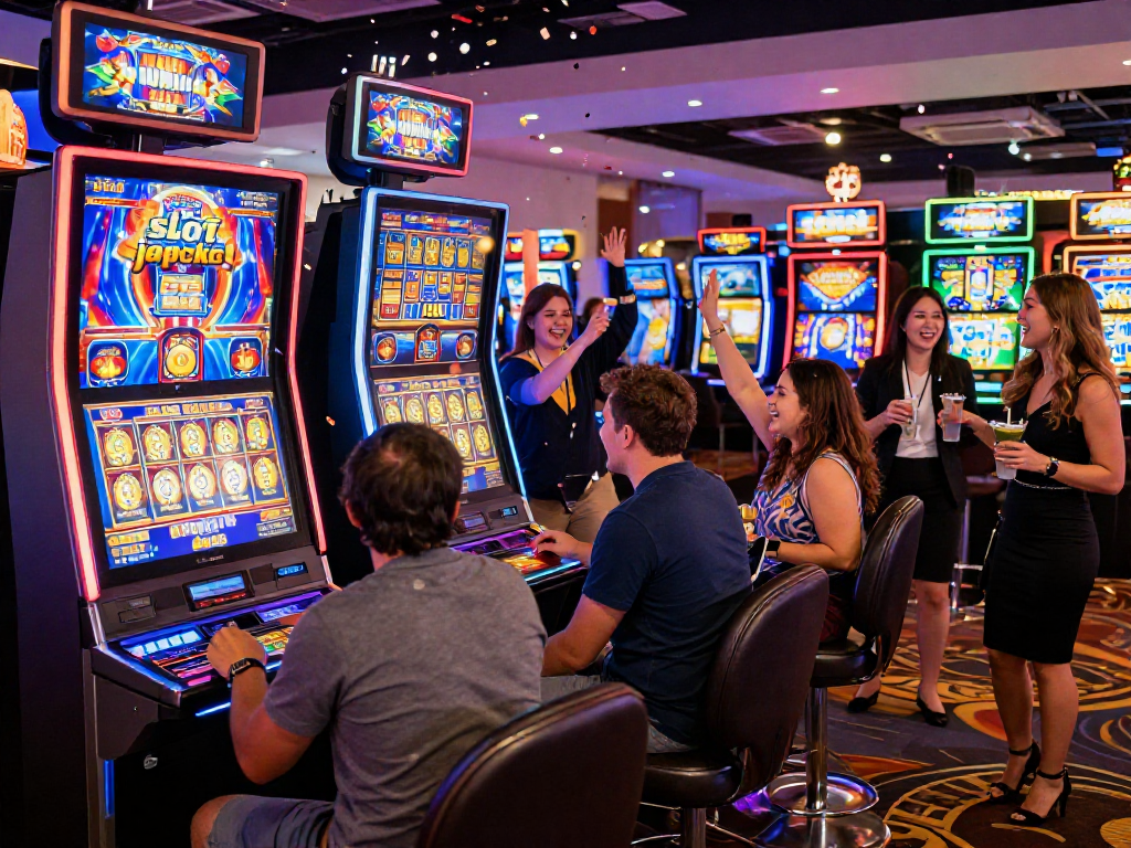 Players celebrating a slot jackpot win at a colorful casino.