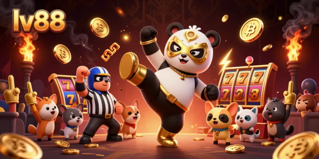 Experience lv88 with a dynamic scene featuring a wrestling panda and crypto-themed casino elements.
