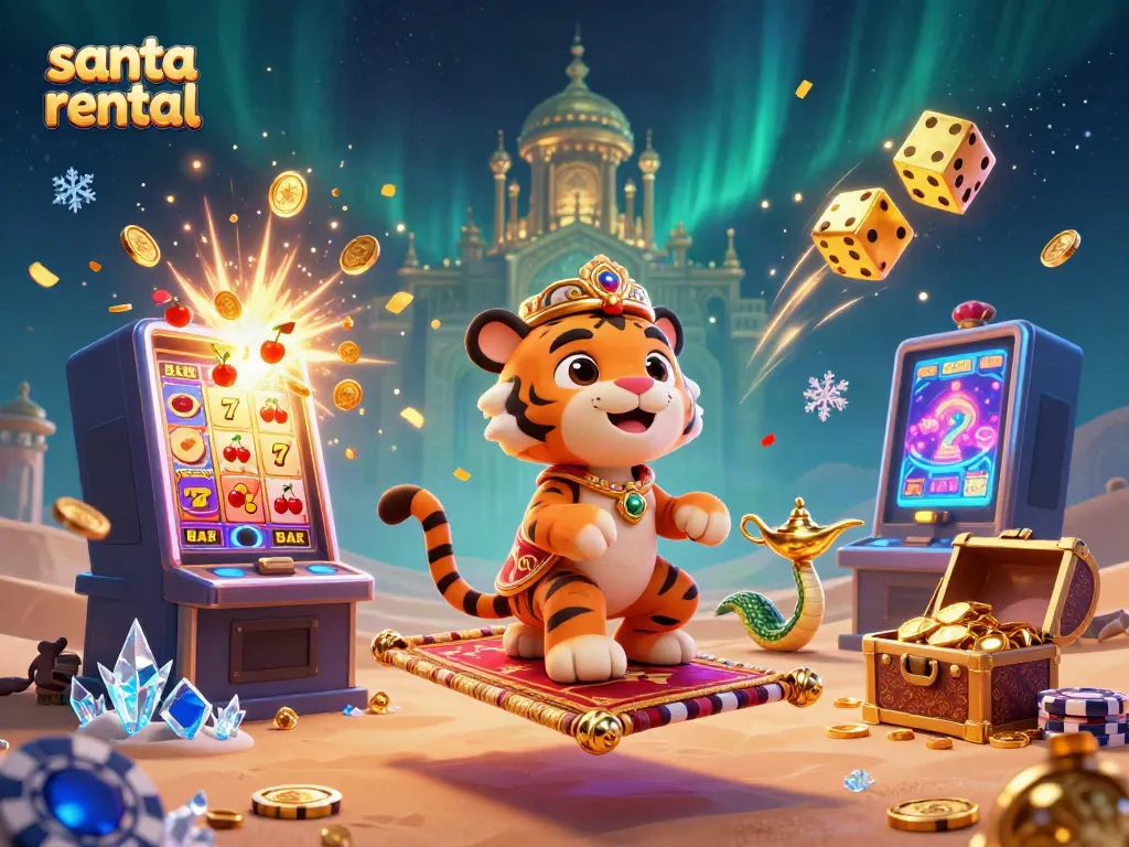 Exciting santa rental scene with a magical sultan character surrounded by glowing casino elements.