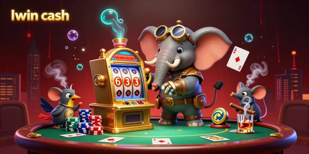 Engage in excitement at llwin cash with a steampunk elephant engineer operating a golden slot machine surrounded by casino elements.