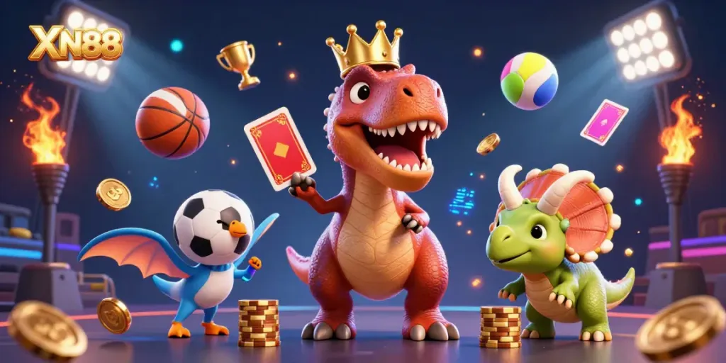 Experience the thrilling world of XN88 with a vibrant 3D scene of a T-Rex, pterodactyl, and triceratops engaging in exciting casino activities.