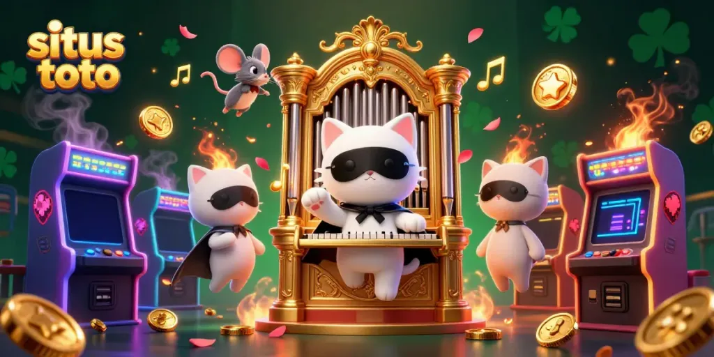 Engage in situs toto gaming with a vibrant 3D illustration featuring casino-themed elements and dynamic characters.