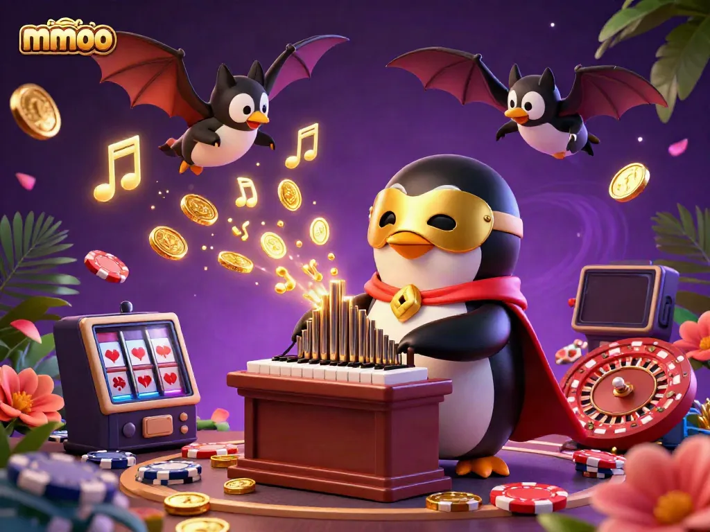Experience the excitement of mmoo with a 3D penguin playing an organ shooting golden coins at a casino scene.