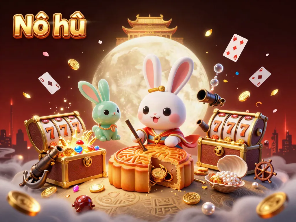 Nổ hũ, a moon rabbit cracking golden mooncakes reveals poker chips in a vibrant casino scene.