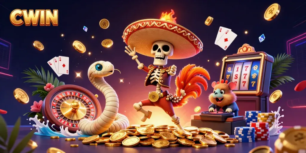 CWIN showcases a vibrant scene with a cartoon skeleton dancing atop gold coins, surrounded by casino elements.