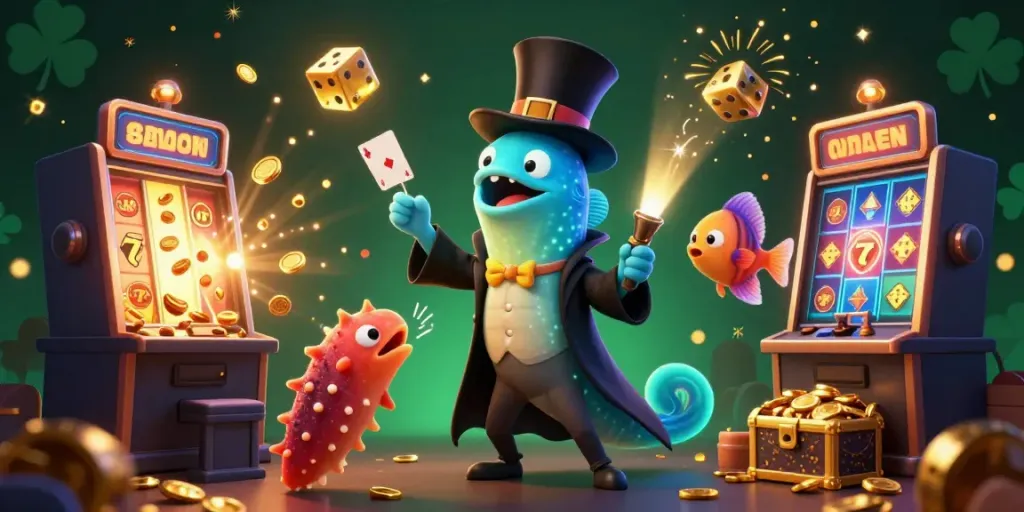 Engage with edatoto's thrilling features as the deep-sea gulper eel performs magic surrounded by dynamic casino elements.