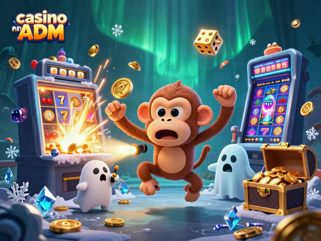 Gioca nei casinò non ADM con il monaco poltergeist e il cacciatore di fantasmi, circondati da simboli e giochi da casinò.