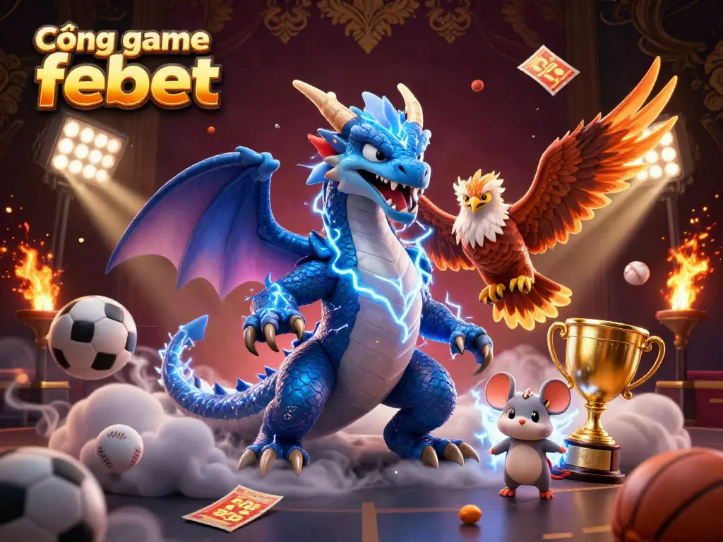 Cổng game febet showcases thrilling sports betting action with a dynamic dragon, hawk, and thunder mouse illustration.