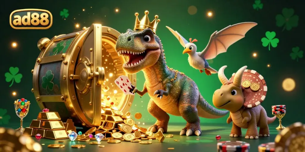 Engage in fun with ad88 as a T-Rex shuffles cards with help from a pterodactyl while stacking golden chips.