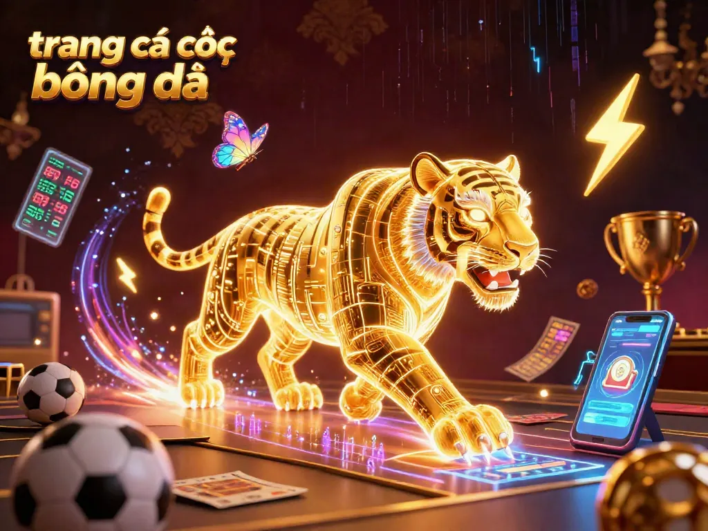 Trang cá cược bóng đá với hình ảnh sư tử vàng điện quang, kèm bóng thể thao và vé cược.
