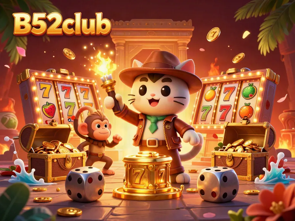 Engage in vibrant gameplay with B52club, where a cat explorer uncovers golden casino treasures.