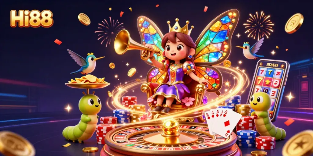 Join the excitement at Hi88 with a vibrant 3D casino scene featuring slots and roulette.