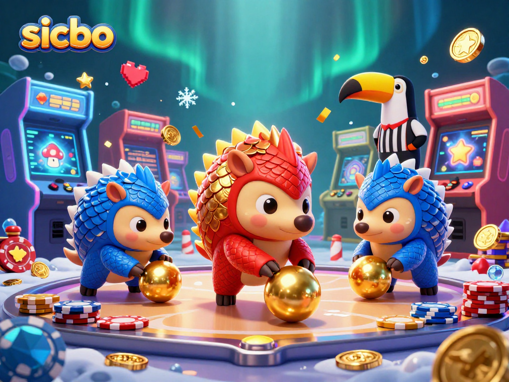 Experience sicbo excitement with pangolins rolling golden balls among poker chips in a lively casino setting.