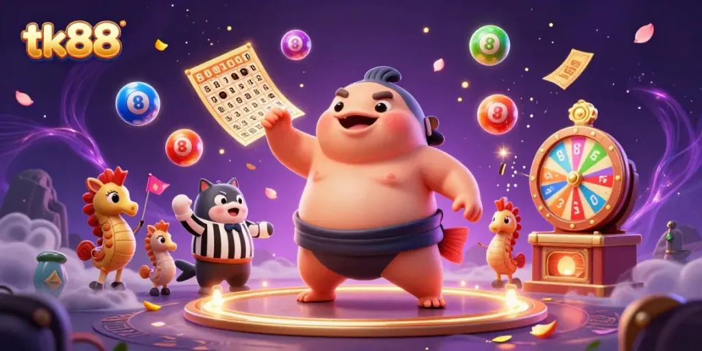 Experience the vibrant energy of tk88 with a lively underwater lottery scene, featuring a fugu and catfish referee.