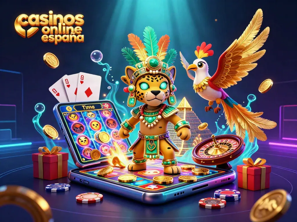 Imagen vibrante de casinos online en España con un jaguar y una ave quetzal en un entorno dinámico de juego.