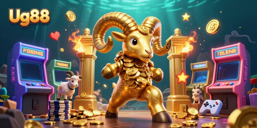 Engage with Ug88's vibrant casino games featuring a golden ram bursting through a golden gate.