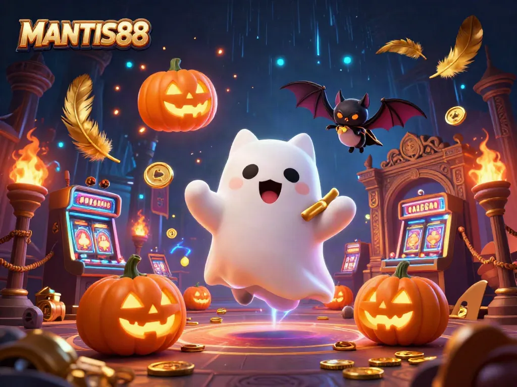 Engage with MANTIS88 featuring a ghost cat in a haunted casino filled with vibrant gambling elements.
