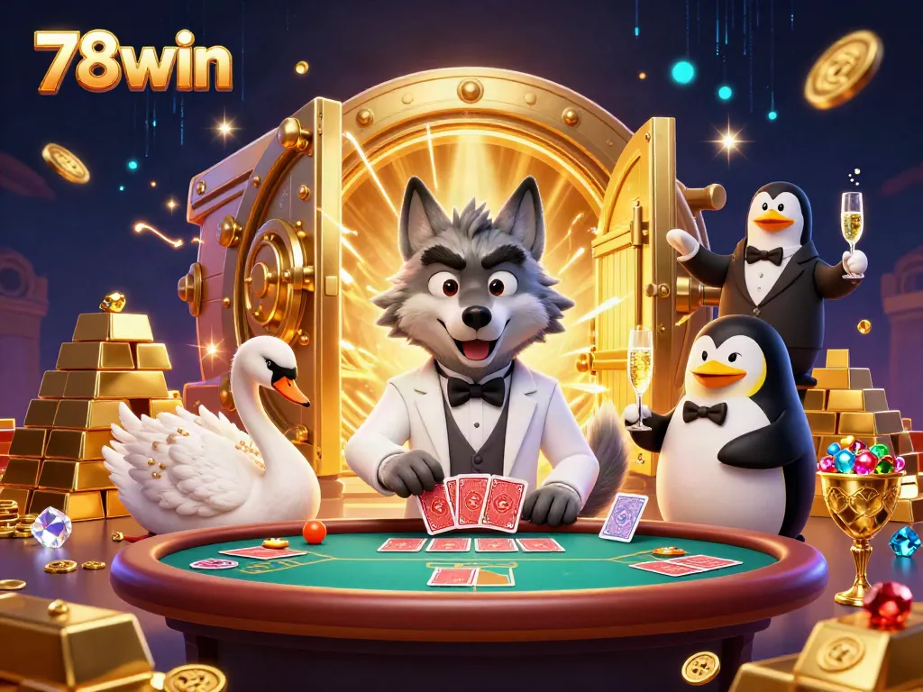 Experience the excitement of gaming with 78win at a luxury baccarat table featuring a stylish wolf and elegant characters.