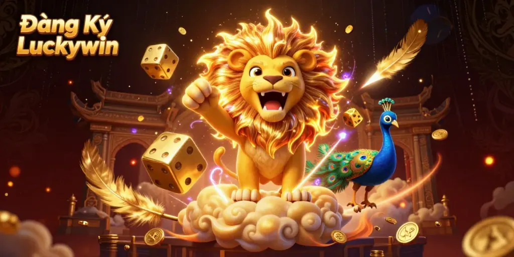 Engage with the thrill of Đăng Ký Luckywin in an electrifying casino scene featuring golden dice and a roaring sun lion.