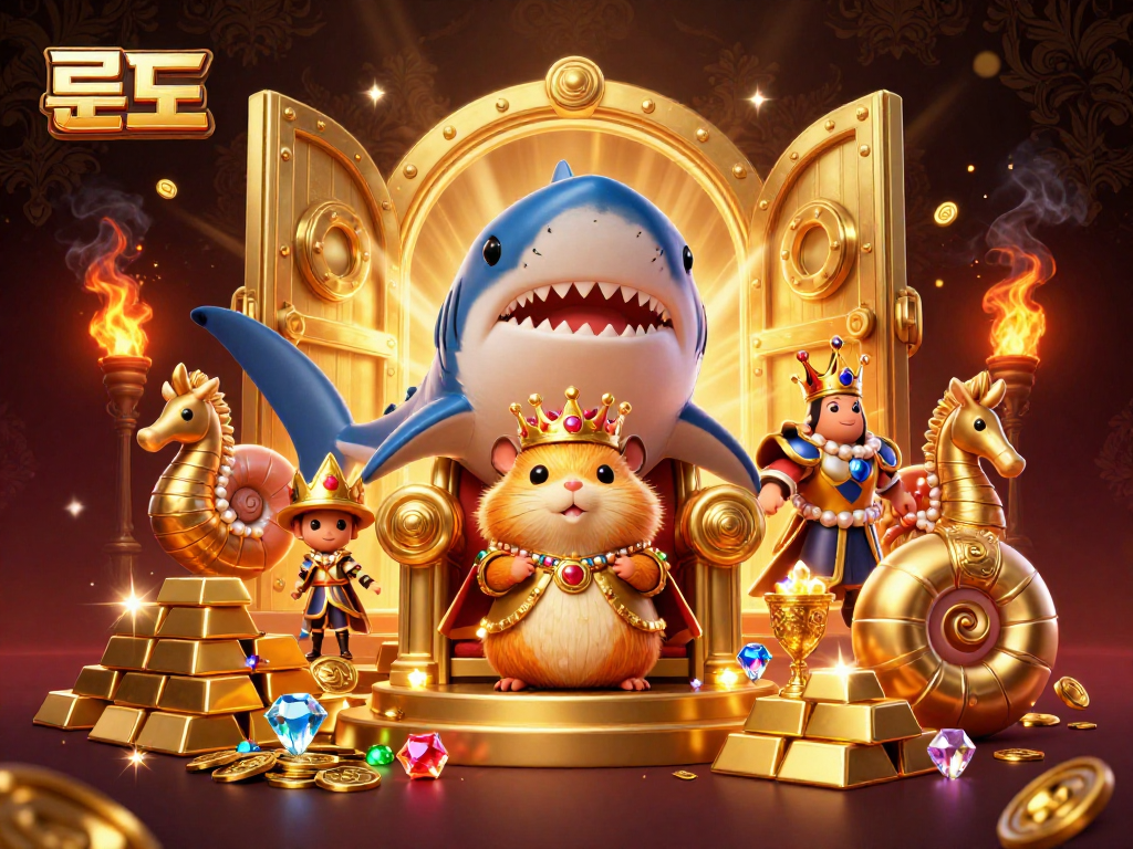 Experience 롤토토 with a fierce hamster king surrounded by treasures and vibrant gambling elements.