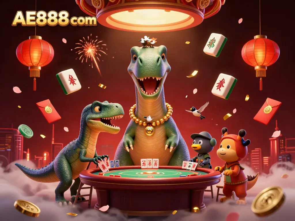 Experience the excitement of AE888 com with a fun casino-themed illustration featuring a playful dinosaur and card dealer.
