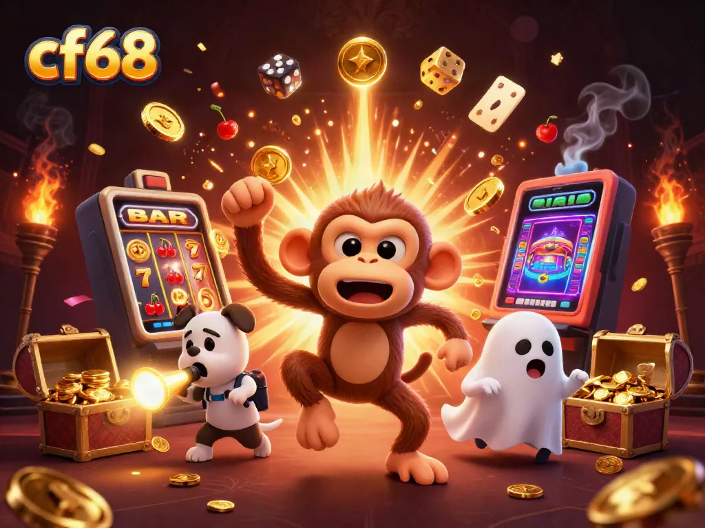 cf68 shows a playful scene in a haunted casino with golden objects and a ghost-hunting puppy.