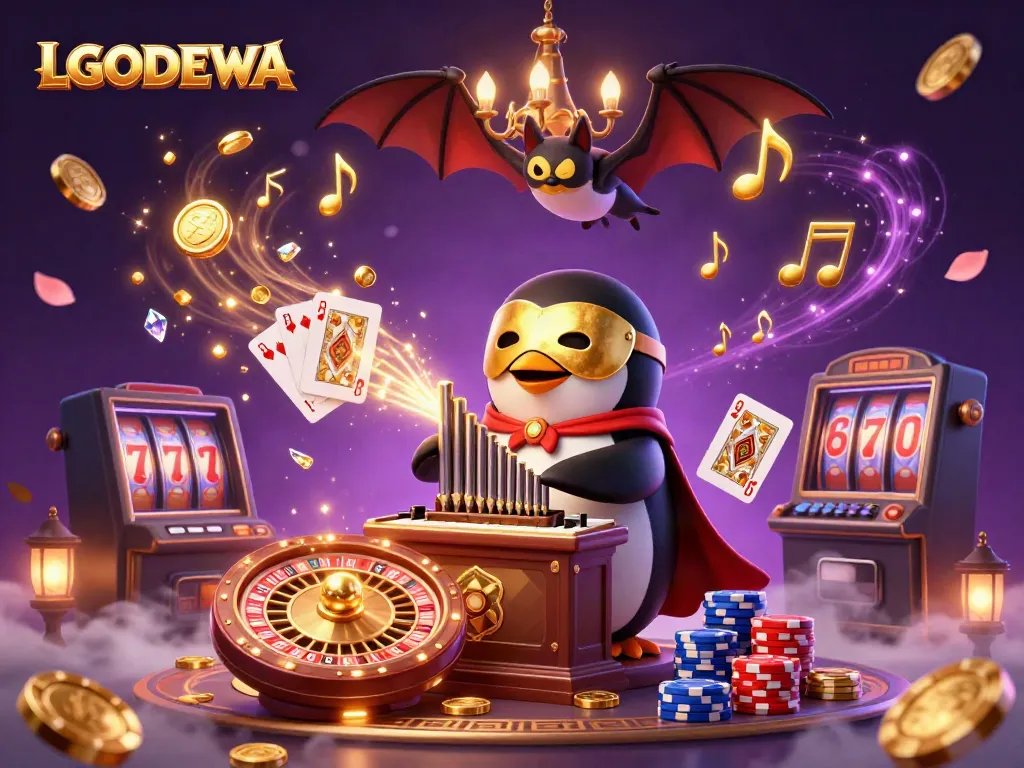 Experience LGODEWA's vibrant gaming world with a playful penguin and a bat acrobat