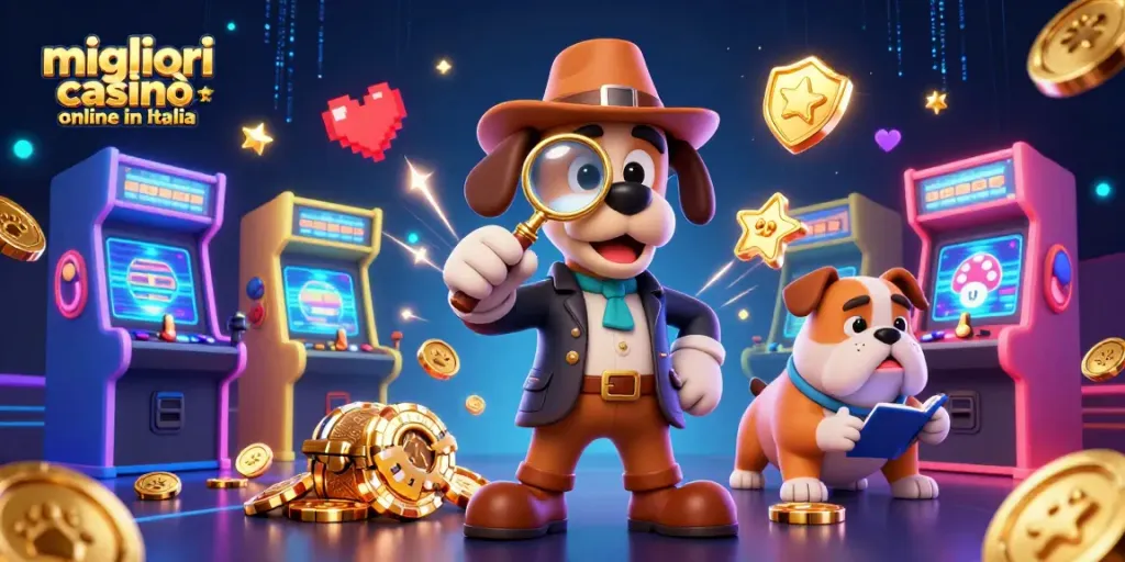 I migliori casinò online in Italia riuniti in un'illustrazione dinamica e colorata con elementi di gioco e sicurezza.