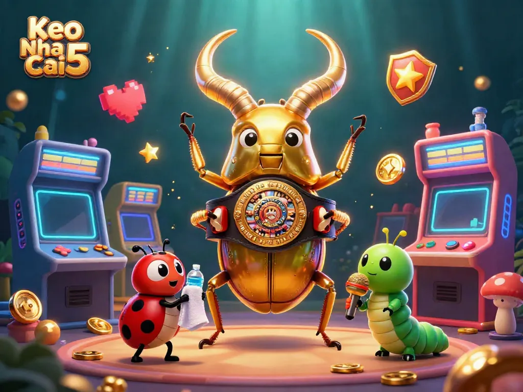 Experience the vibrant excitement of Keo Nha Cai 5 with a golden beetle champion and gaming elements in an engaging 3D scene.